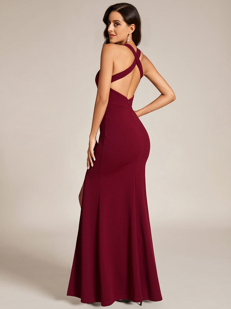 Custom Size V-Neck Sleeveless Bodycon Evening Dress #color_Burgundy Custom Size V-Neck Sleeveless Bodycon Evening Dress