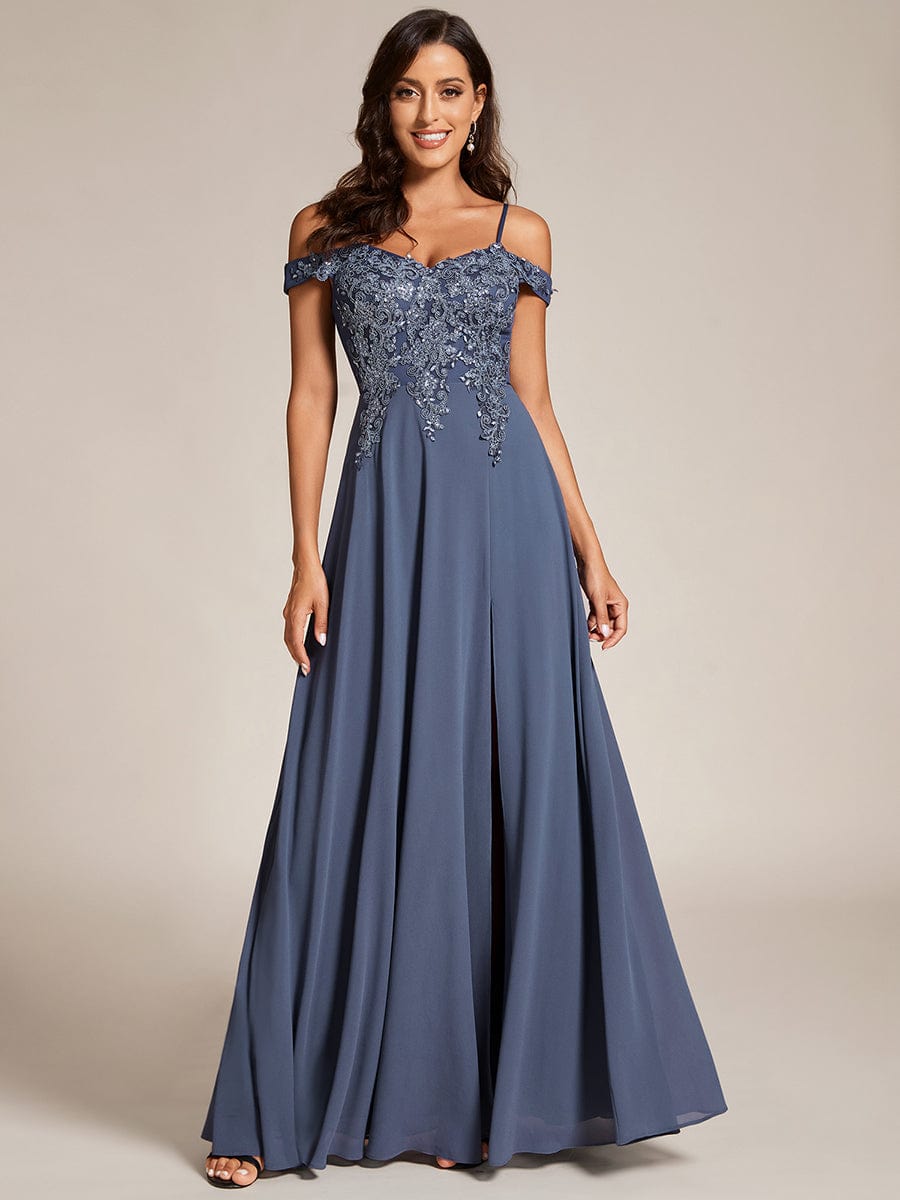 Custom Size Cold Shoulder Sequin Side Slit Evening Dresses #color_Stormy Custom Size Cold Shoulder Sequin Side Slit Evening Dresses