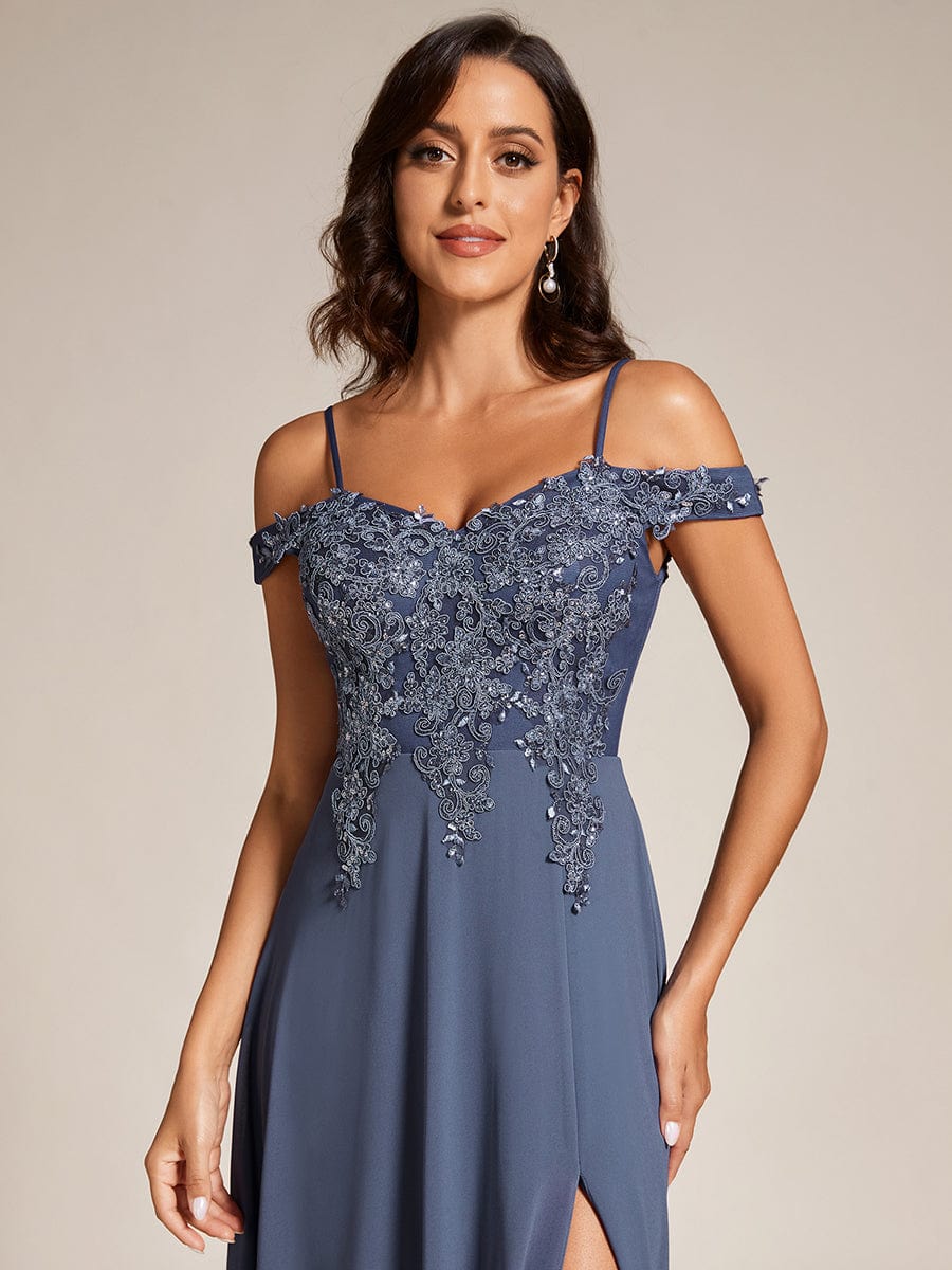 Custom Size Cold Shoulder Sequin Side Slit Evening Dresses #color_Stormy Custom Size Cold Shoulder Sequin Side Slit Evening Dresses