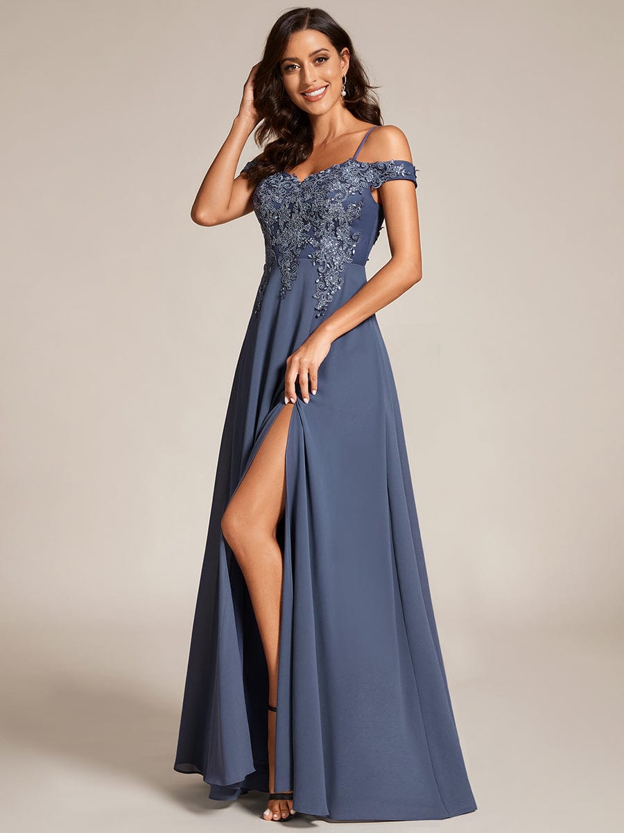 Custom Size Cold Shoulder Sequin Side Slit Evening Dresses #color_Stormy Custom Size Cold Shoulder Sequin Side Slit Evening Dresses