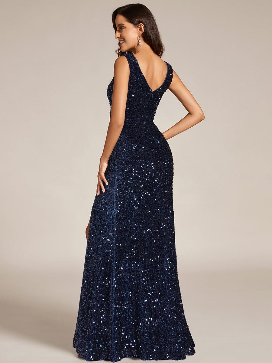 Custom Size V-neck Sequin Slit Mermaid Floor Length Evening Dress #color_Navy Blue Custom Size V-neck Sequin Slit Mermaid Floor Length Evening Dress