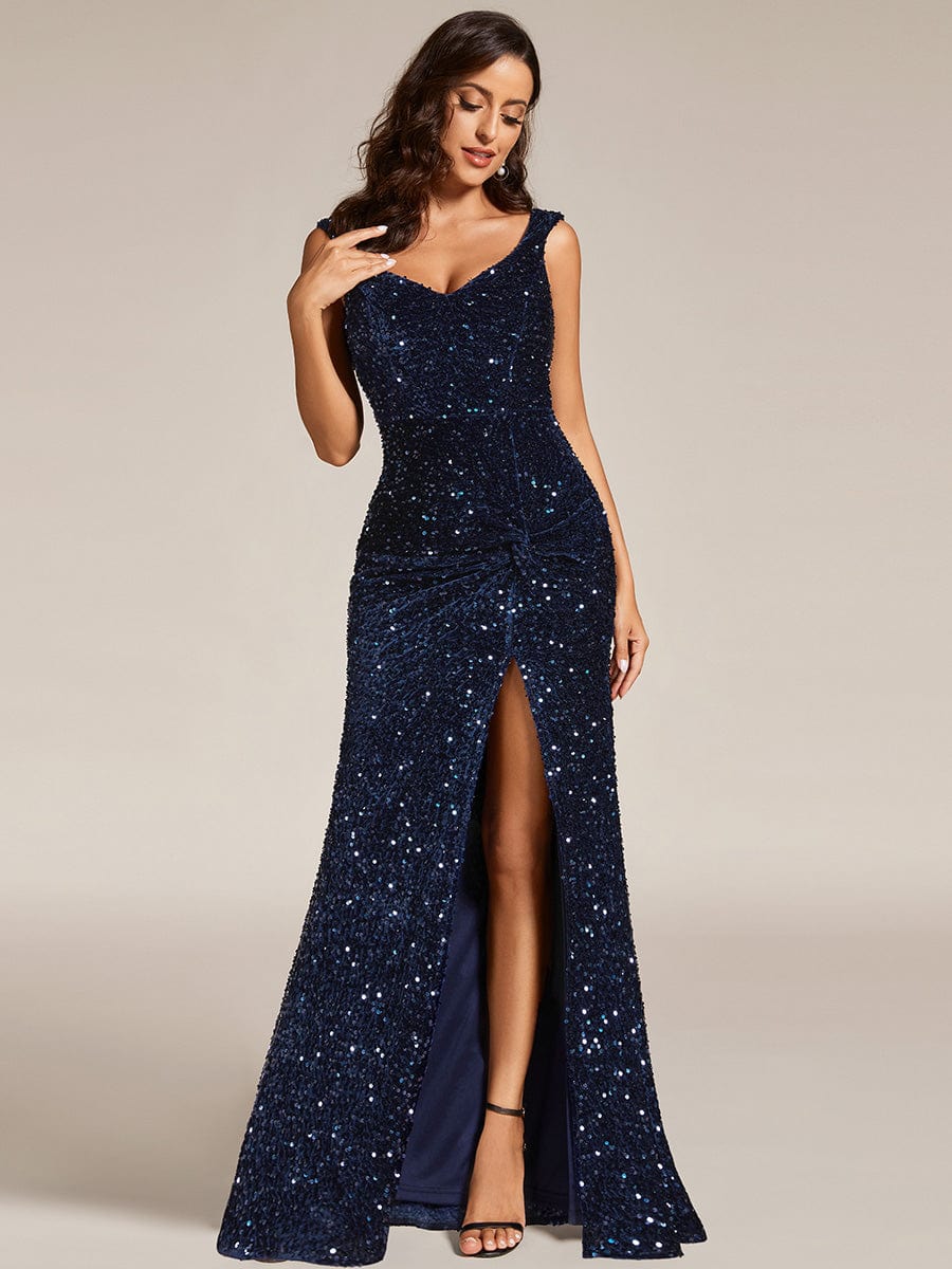 Custom Size V-neck Sequin Slit Mermaid Floor Length Evening Dress #color_Navy Blue Custom Size V-neck Sequin Slit Mermaid Floor Length Evening Dress