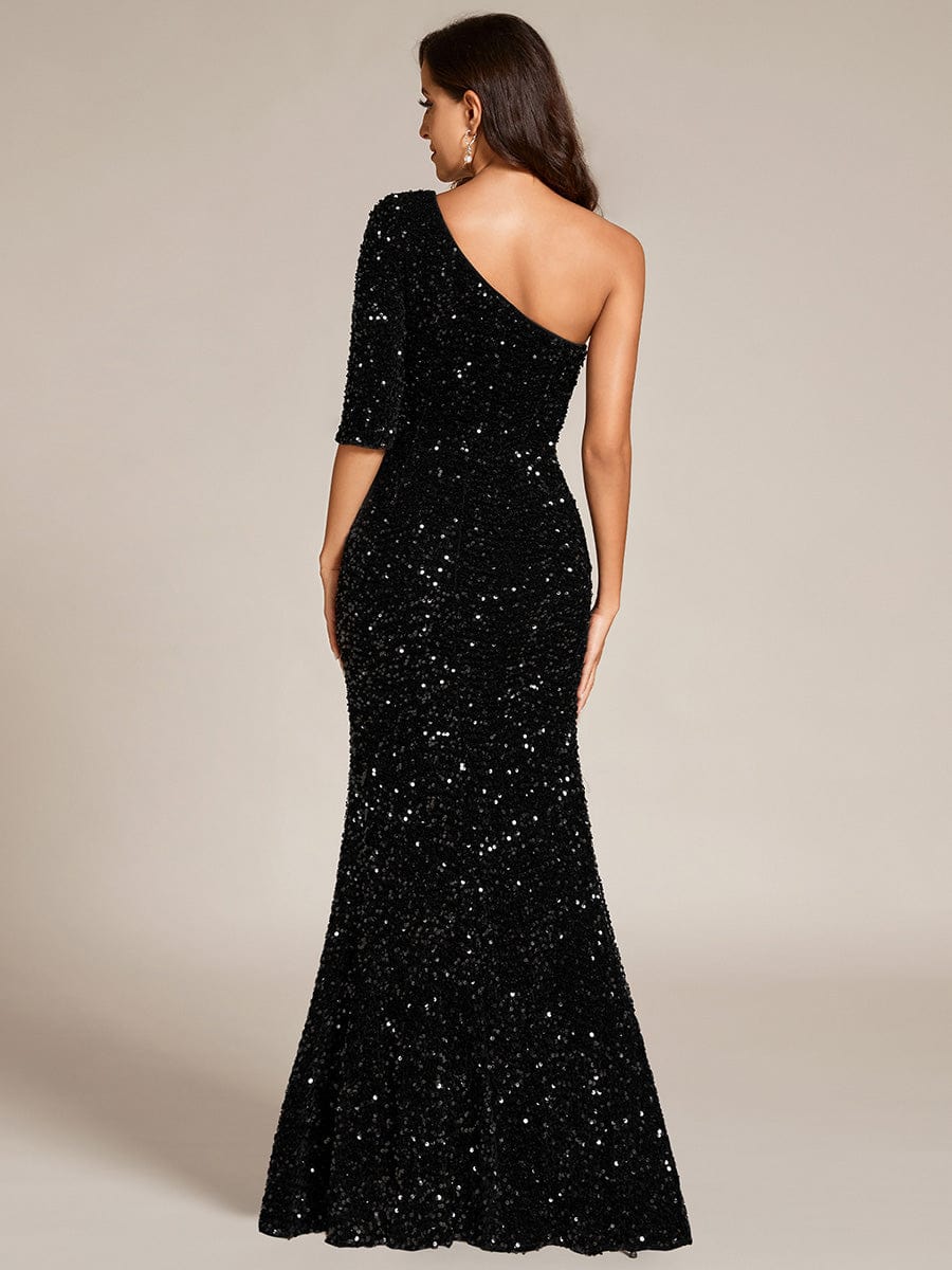 Custom Size Slit One-Shoulder Sequin Evening dress Maxi with bare legs #color_Black Custom Size Slit One-Shoulder Sequin Evening dress Maxi with bare legs