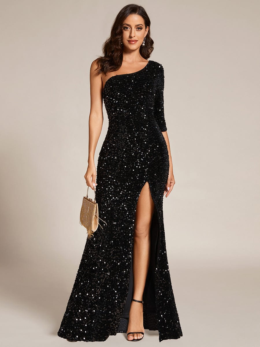 Custom Size Slit One-Shoulder Sequin Evening dress Maxi with bare legs #color_Black Custom Size Slit One-Shoulder Sequin Evening dress Maxi with bare legs