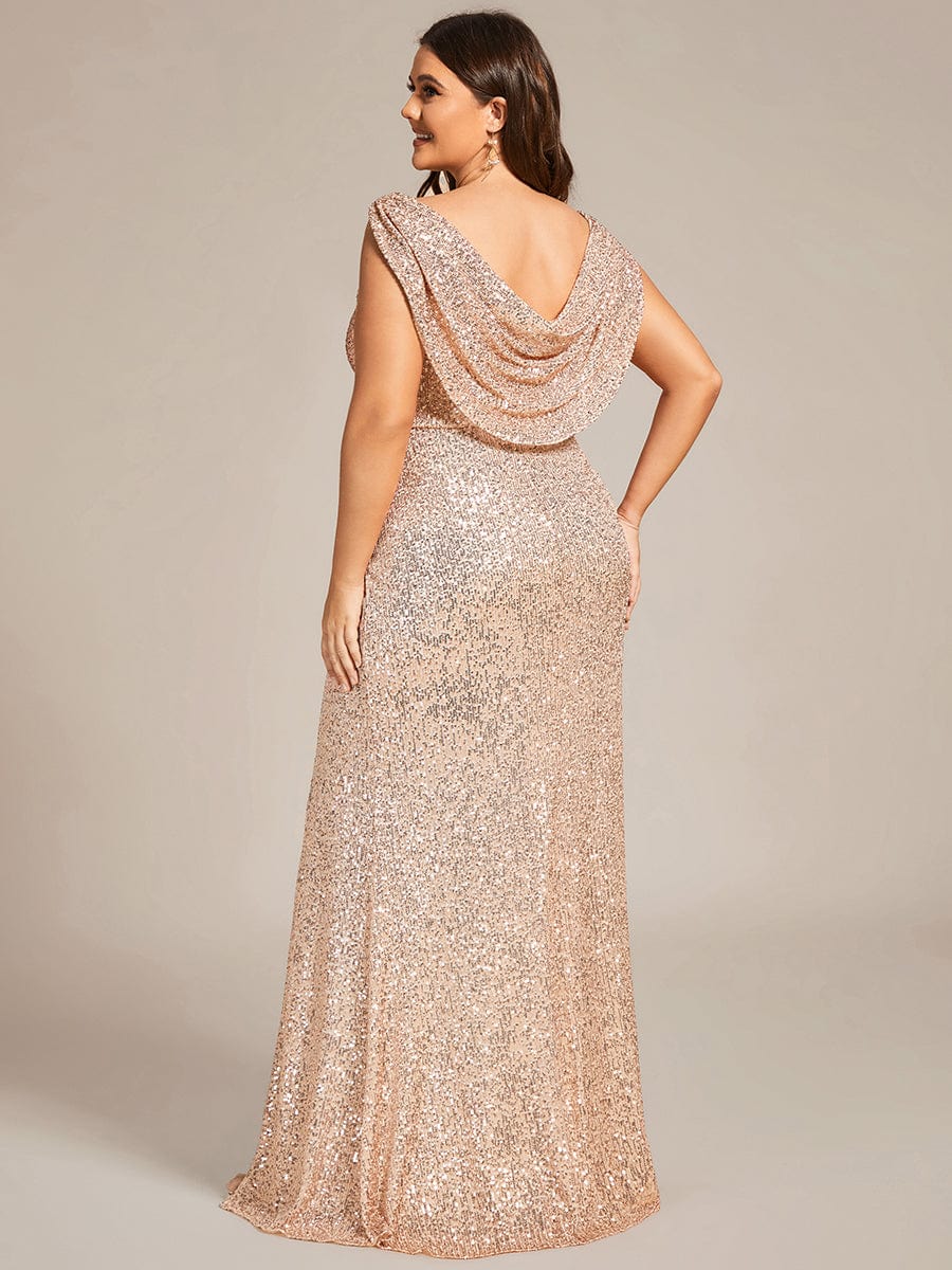 Custom Size Plus Size Sleeveless V-Neck Bodycon Evening Dress #color_Rose Gold Custom Size Sleeveless V-Neck Bodycon Sequin Evening Dress