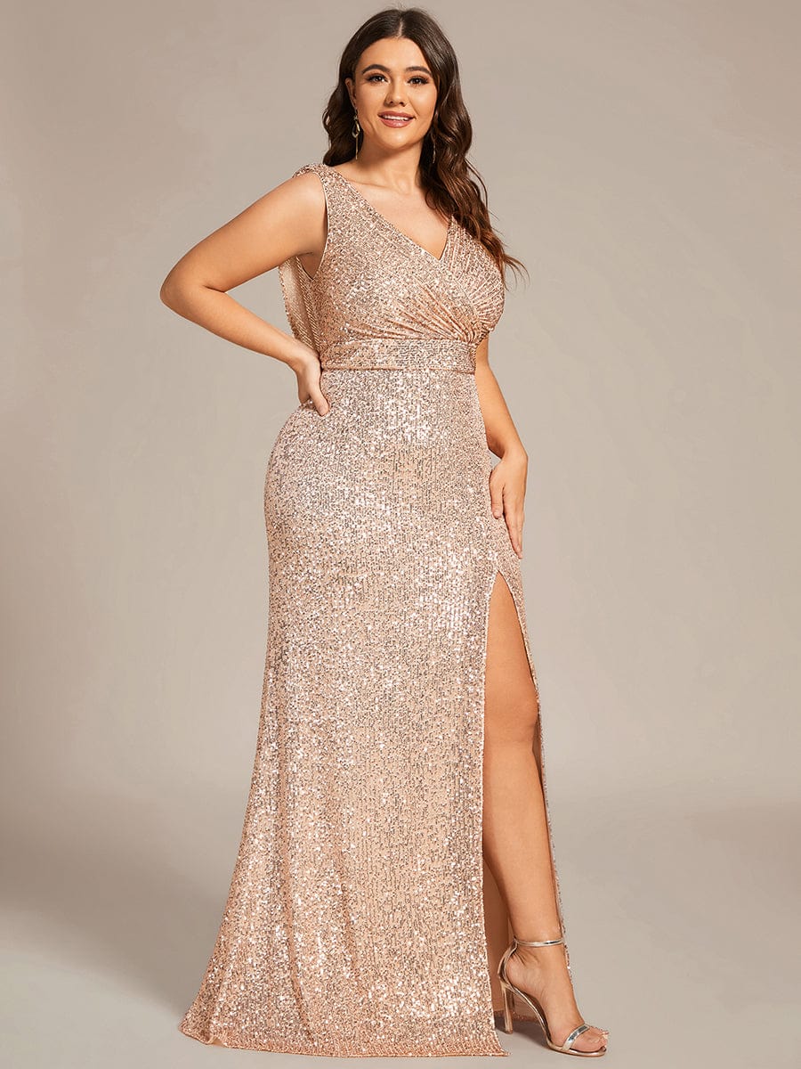 Custom Size Plus Size Sleeveless V-Neck Bodycon Evening Dress #color_Rose Gold Custom Size Sleeveless V-Neck Bodycon Sequin Evening Dress