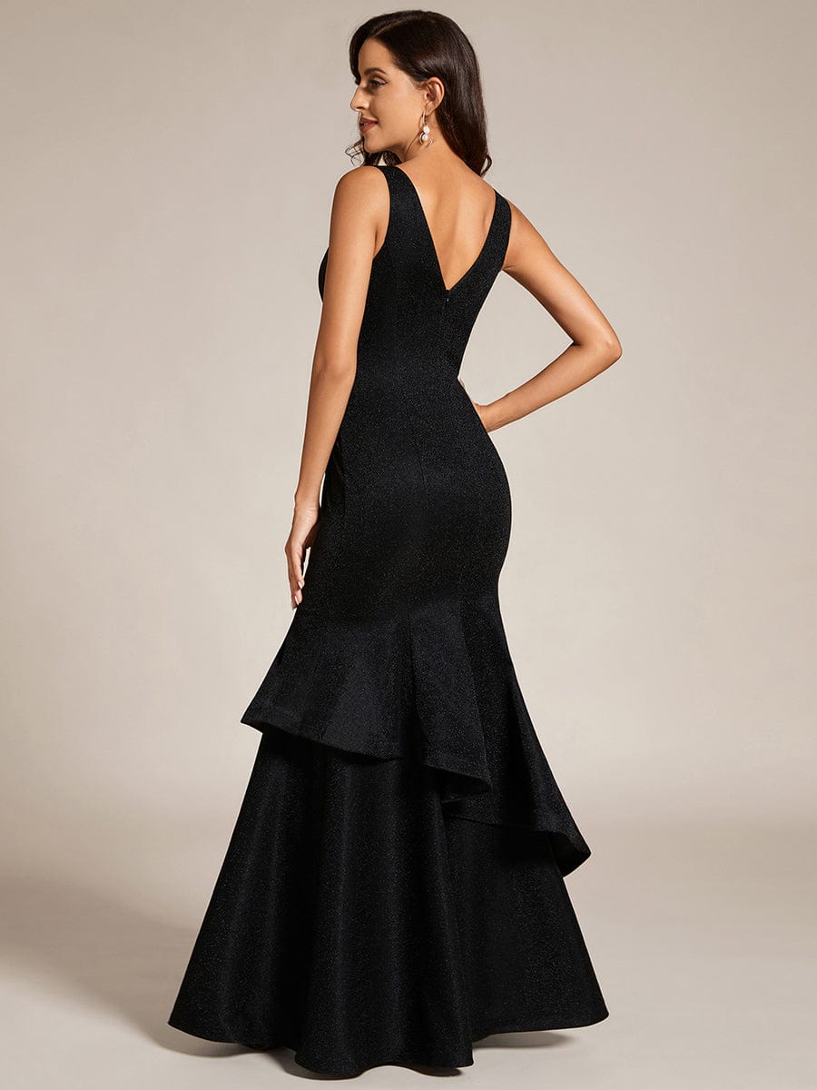 Custom Size Sleeveless V-Neck Floor Length Ruffle Evening Dress #color_Black Custom Size Sleeveless V-Neck Floor Length Ruffle Evening Dress