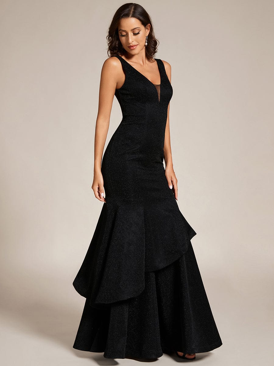 Custom Size Sleeveless V-Neck Floor Length Ruffle Evening Dress #color_Black Custom Size Sleeveless V-Neck Floor Length Ruffle Evening Dress