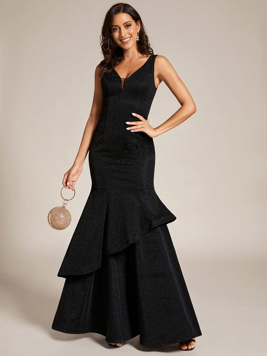Custom Size Sleeveless V-Neck Floor Length Ruffle Evening Dress #color_Black Custom Size Sleeveless V-Neck Floor Length Ruffle Evening Dress