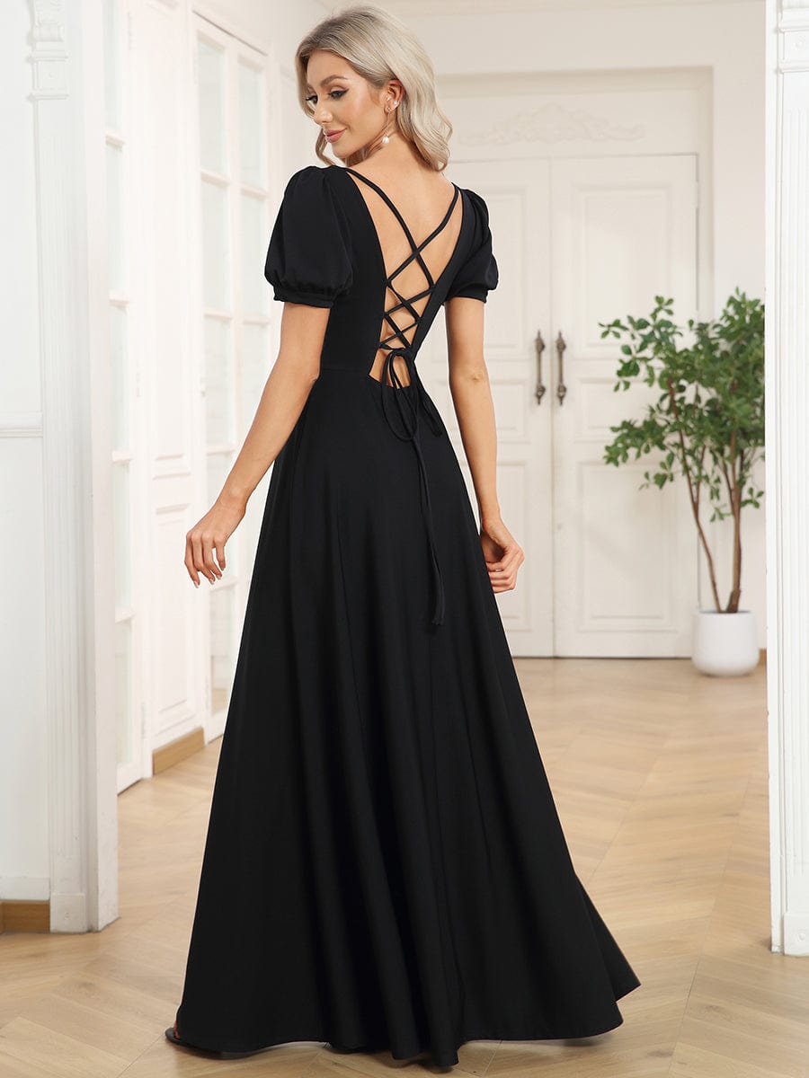 Short Sleeve Square Neck Caged Back A-Line Evening Dress - Ever-Pretty US