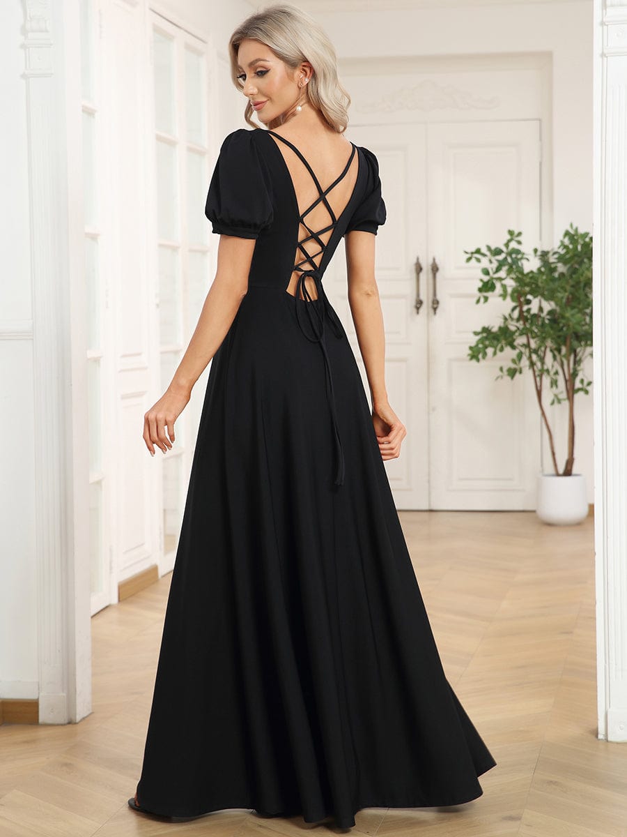 Caged Back Short Sleeve Square Neck A-Line Evening Dress #color_Black Caged Back Short Sleeve Square Neck A-Line Evening Dress