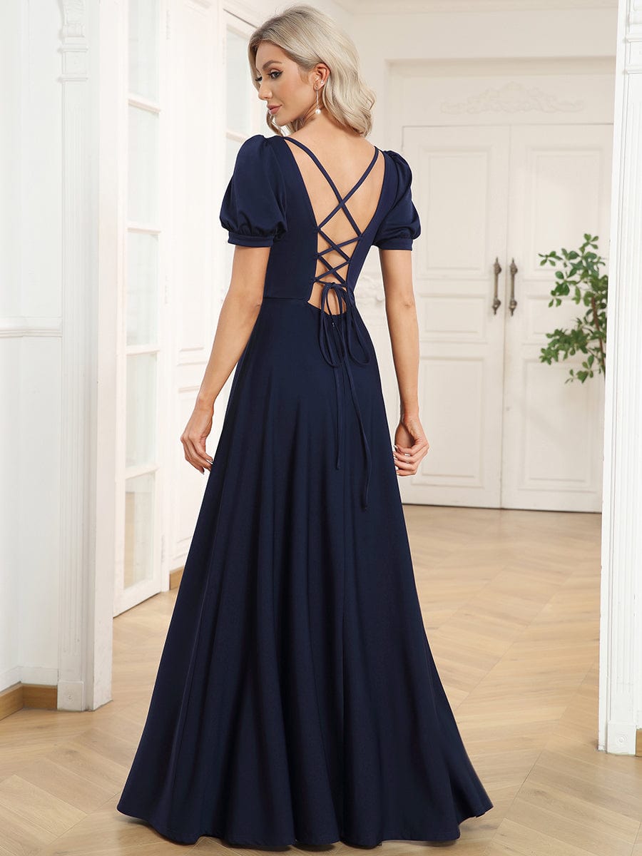 Caged Back Short Sleeve Square Neck A-Line Evening Dress #color_Black Caged Back Short Sleeve Square Neck A-Line Evening Dress