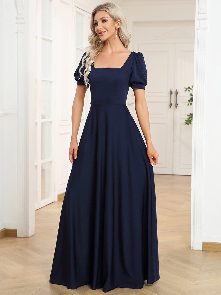 Caged Back Short Sleeve Square Neck A-Line Evening Dress #color_Black Caged Back Short Sleeve Square Neck A-Line Evening Dress