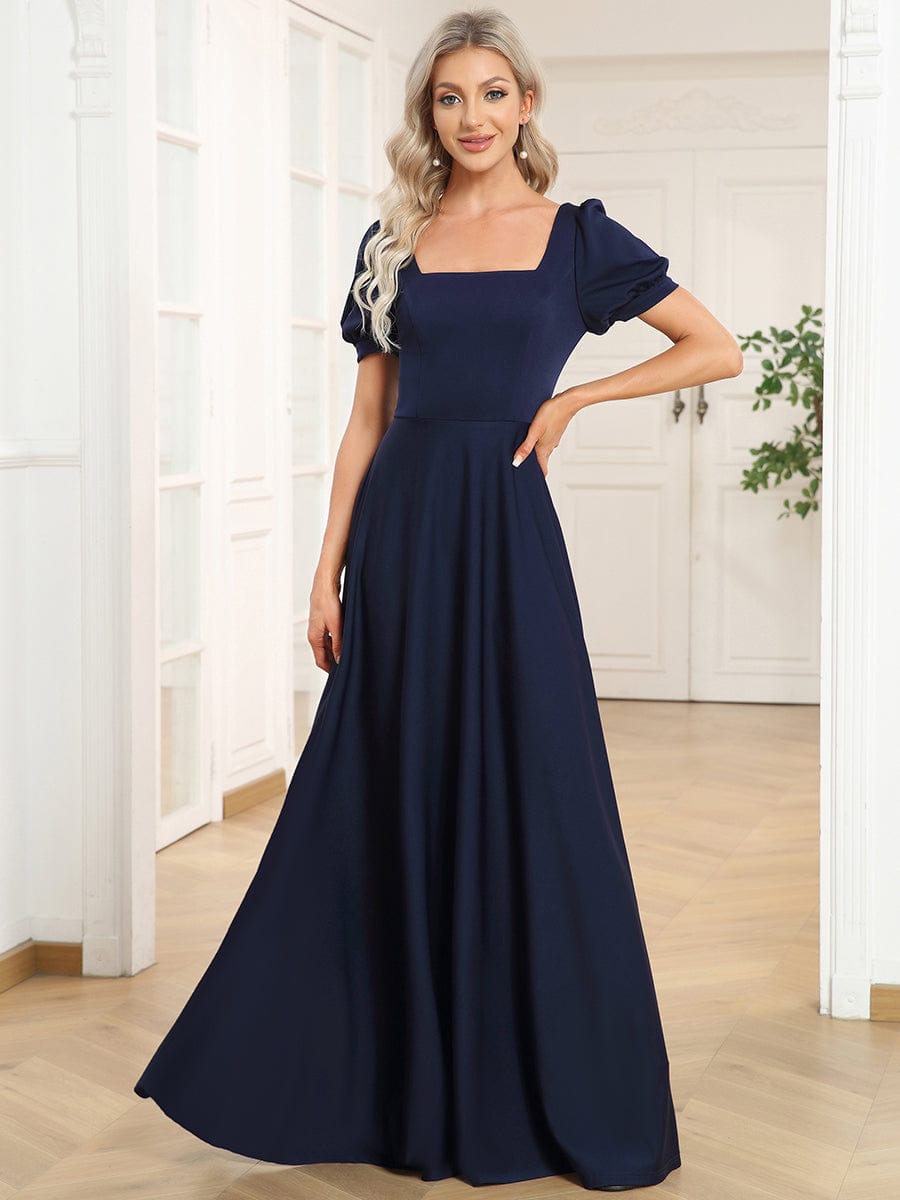 Caged Back Short Sleeve Square Neck A-Line Evening Dress #color_Black Caged Back Short Sleeve Square Neck A-Line Evening Dress