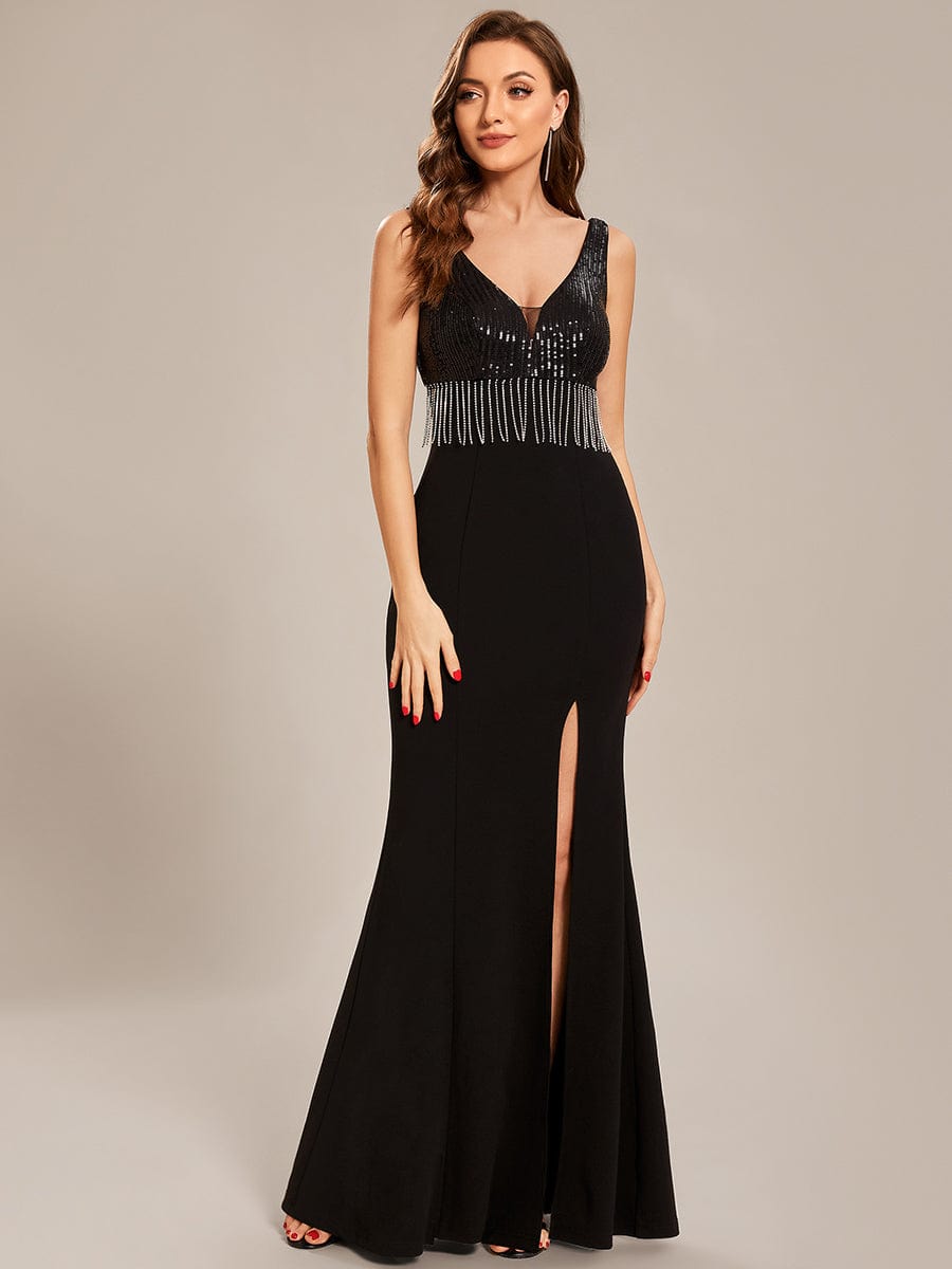 Custom Size Sequin Tassel High Slit Bodycon Evening Dresses #color_Black Custom Size Sequin Tassel High Slit Bodycon Evening Dresses