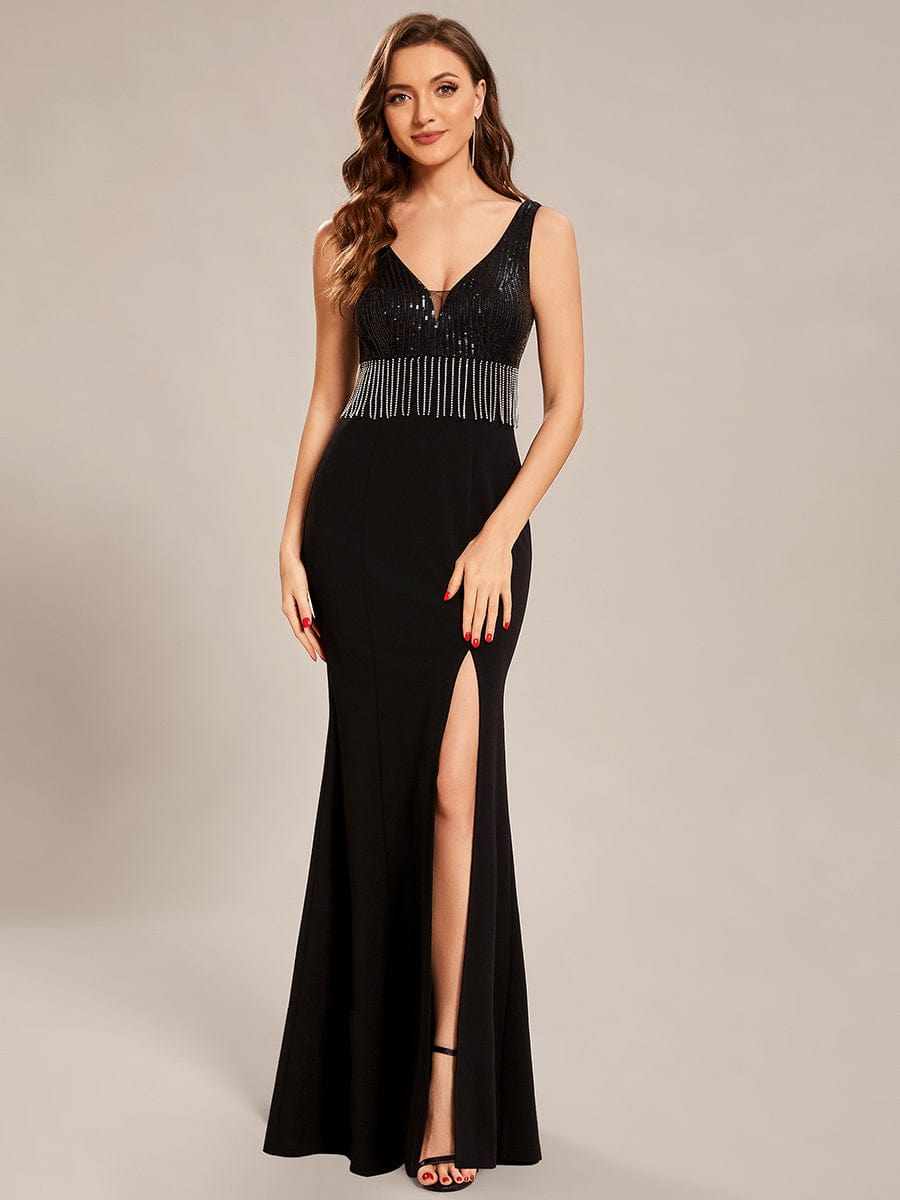 Custom Size Sequin Tassel High Slit Bodycon Evening Dresses #color_Black Custom Size Sequin Tassel High Slit Bodycon Evening Dresses