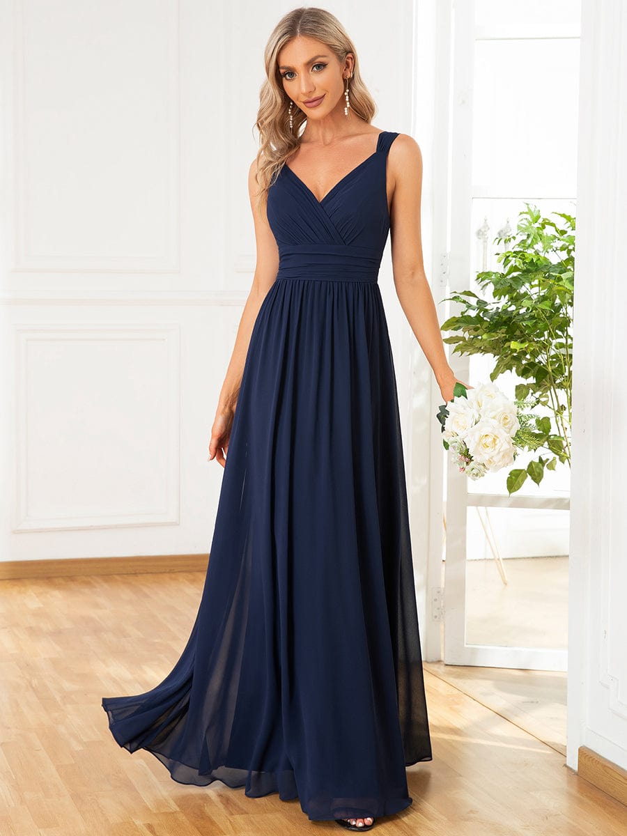 Sleeveless Chiffon Tie Waist A-Line Evening Dress #color_Navy Blue Sleeveless Chiffon Tie Waist A-Line Evening Dress