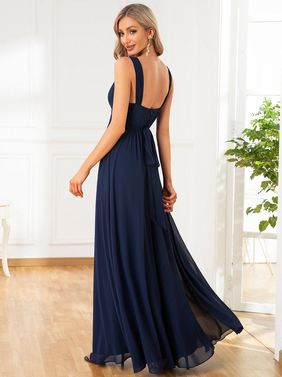 Sleeveless Chiffon Tie Waist A-Line Evening Dress #color_Navy Blue Sleeveless Chiffon Tie Waist A-Line Evening Dress