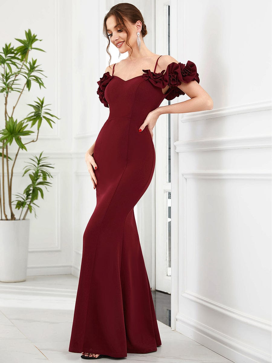 Ruffled Cold Shoulder Spaghetti Strap Bodycon Evening Dress #Color_Black Ruffled Cold Shoulder Spaghetti Strap Bodycon Evening Dress