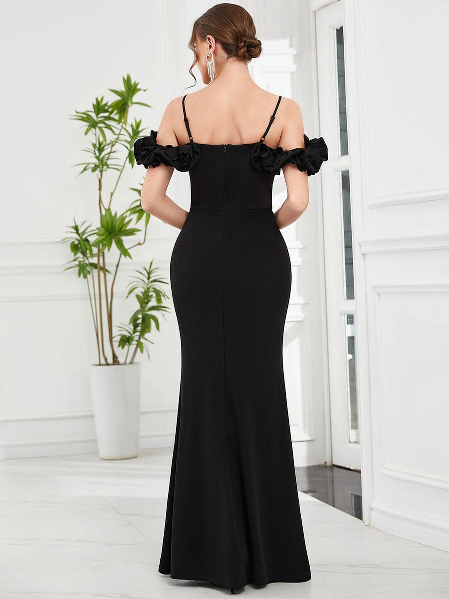 Ruffled Cold Shoulder Spaghetti Strap Bodycon Evening Dress #Color_Black Ruffled Cold Shoulder Spaghetti Strap Bodycon Evening Dress