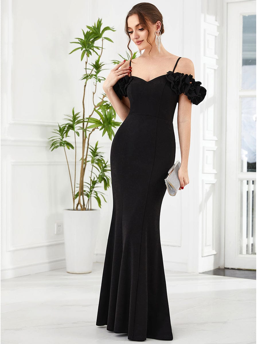 Ruffled Cold Shoulder Spaghetti Strap Bodycon Evening Dress #Color_Black Ruffled Cold Shoulder Spaghetti Strap Bodycon Evening Dress