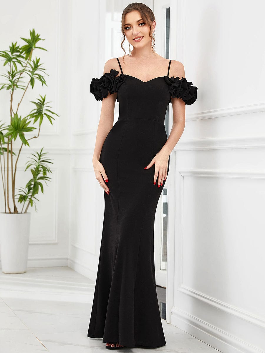 Ruffled Cold Shoulder Spaghetti Strap Bodycon Evening Dress #Color_Black Ruffled Cold Shoulder Spaghetti Strap Bodycon Evening Dress