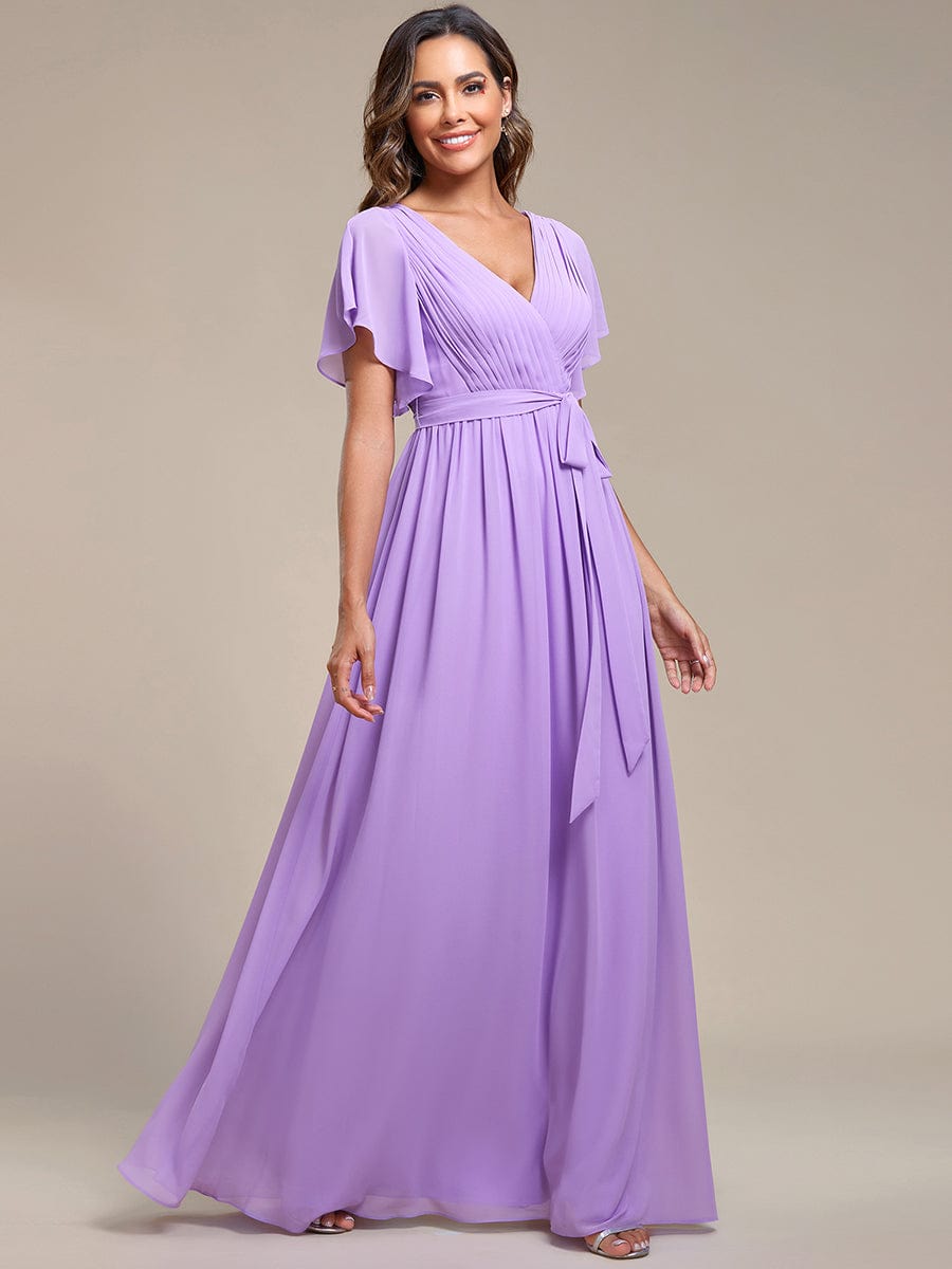 Elegant Ruffle Sleeve Chiffon Evening Dress with TieWaist Detail