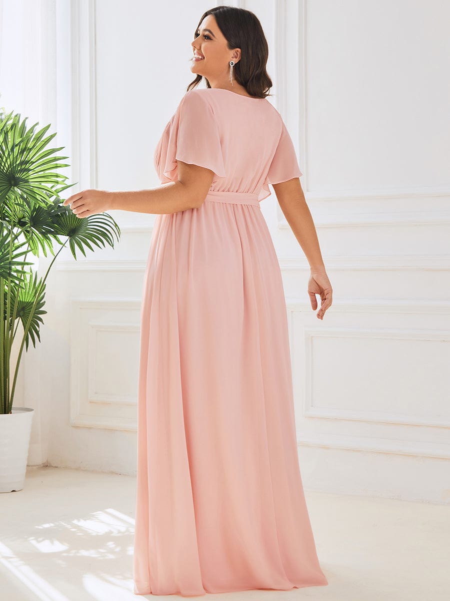 Plus Size Ruffle Pleated Chiffon Tie-Waist Evening Dress #color_Pink