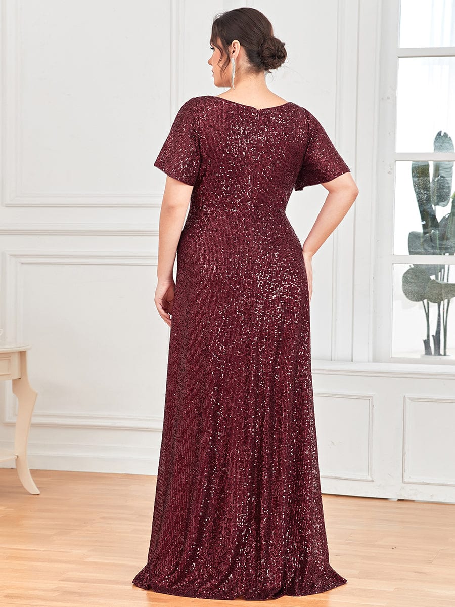 Plus Size Sequin Front Slit V-Neck Short Sleeve Evening Dress