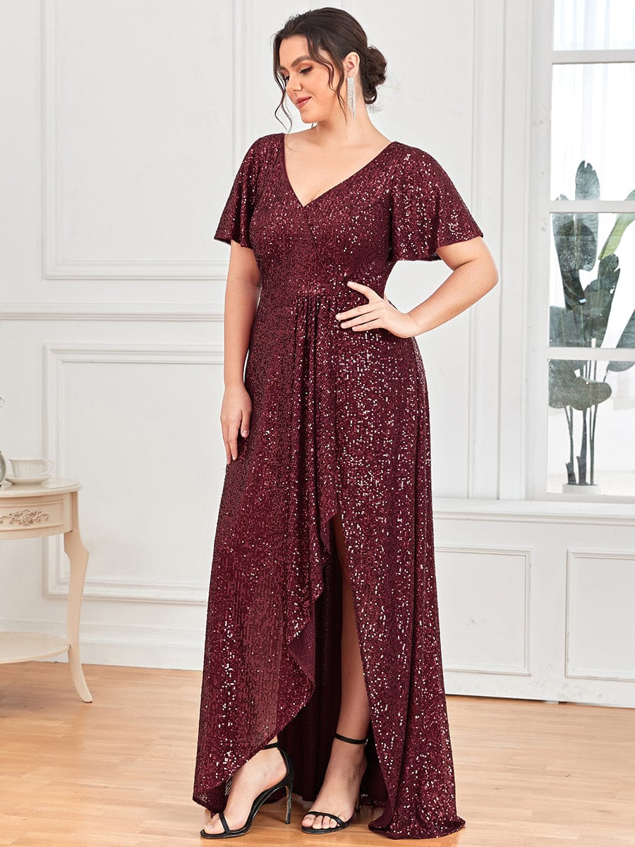 Plus Size Sequin Front Slit V-Neck Short Sleeve Evening Dress #Color_Burgundy Plus Size Sequin Front Slit V-Neck Short Sleeve Evening Dress