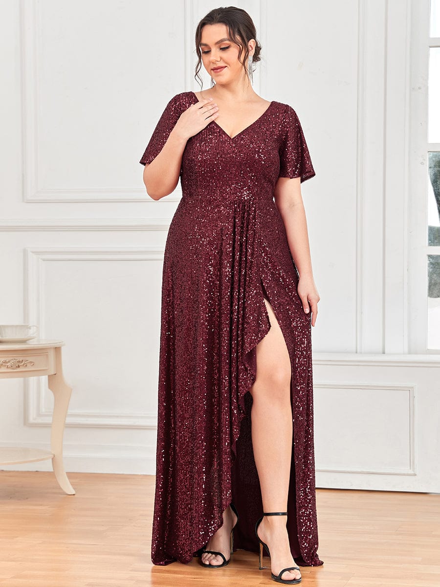 Plus Size Sequin Front Slit V-Neck Short Sleeve Evening Dress #Color_Burgundy Plus Size Sequin Front Slit V-Neck Short Sleeve Evening Dress