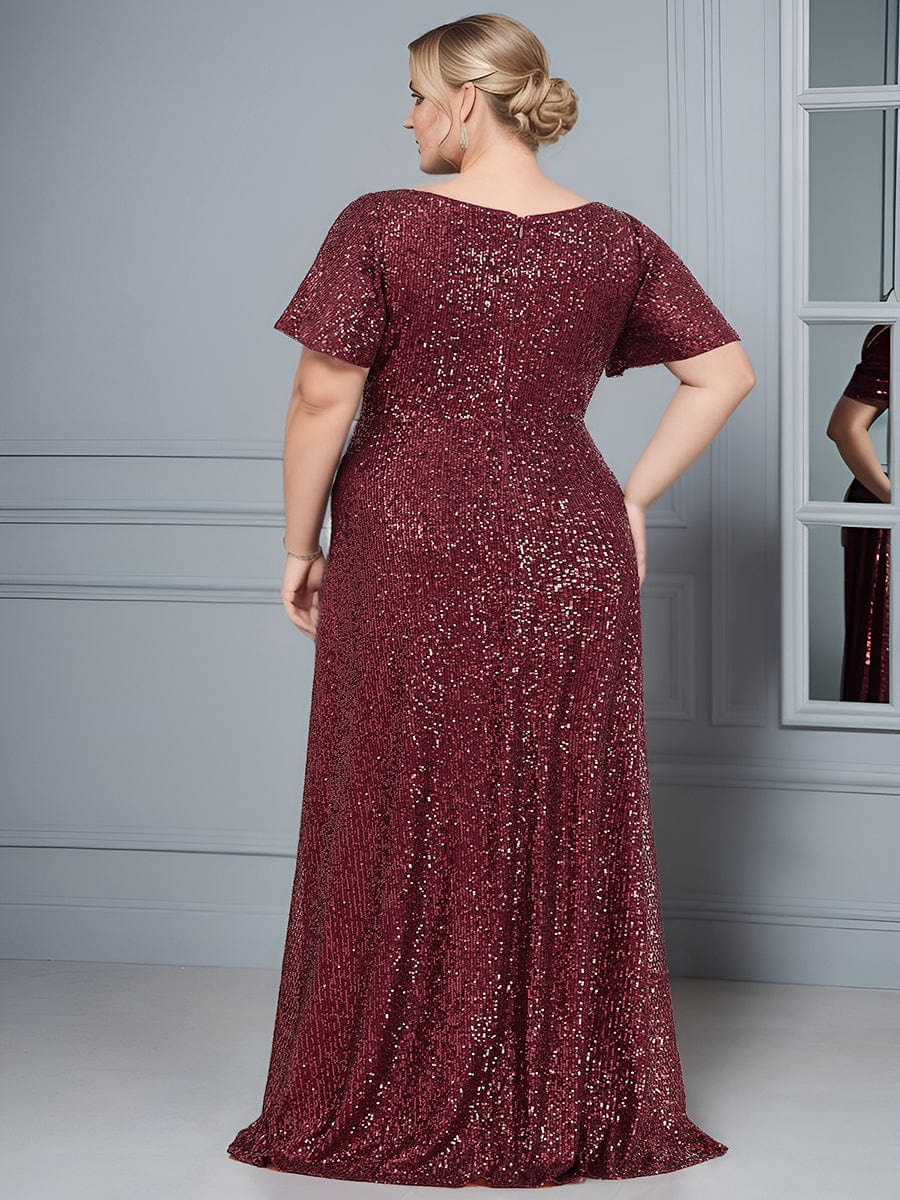 Plus Size Sequin Front Slit V-Neck Short Sleeve Evening Dress #Color_Burgundy Plus Size Sequin Front Slit V-Neck Short Sleeve Evening Dress