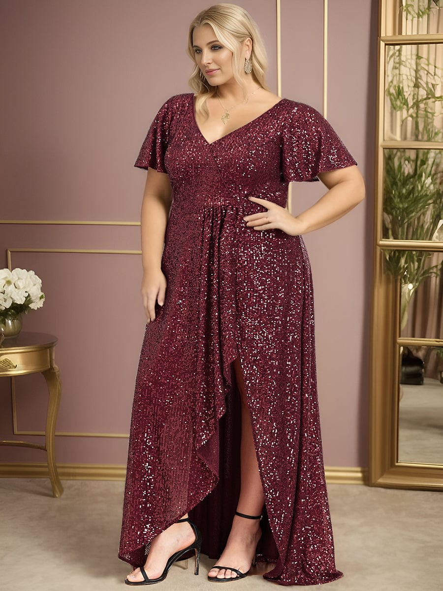 Plus Size Sequin Front Slit V-Neck Short Sleeve Evening Dress