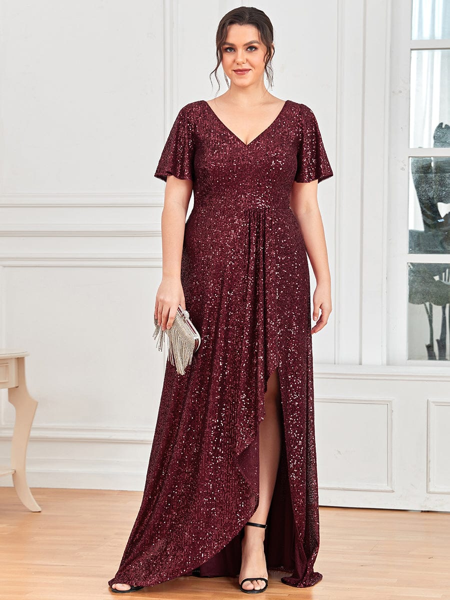 Plus Size Sequin Front Slit V-Neck Short Sleeve Evening Dress #Color_Burgundy Plus Size Sequin Front Slit V-Neck Short Sleeve Evening Dress
