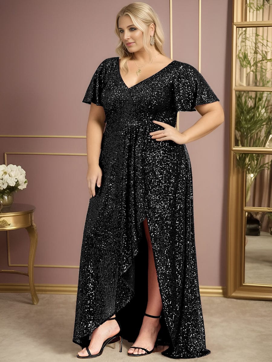 Custom Size Shiny Sequin High Slit V-Neck Short Sleeve Evening Dress #Color_Dark Green Custom Size Shiny Sequin High Slit V-Neck Short Sleeve Evening Dress