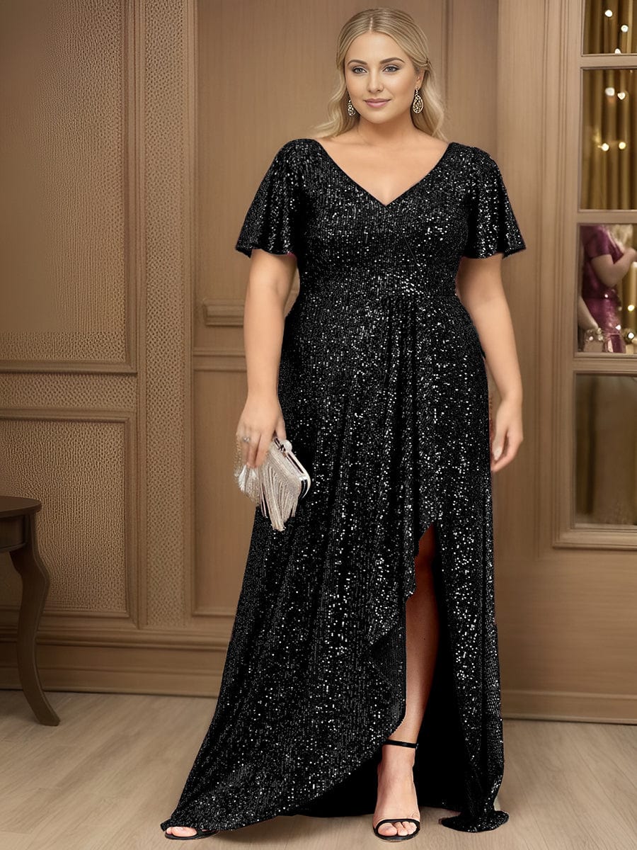 Custom Size Shiny Sequin High Slit V-Neck Short Sleeve Evening Dress #Color_Dark Green Custom Size Shiny Sequin High Slit V-Neck Short Sleeve Evening Dress