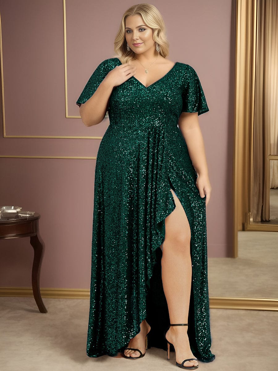 Custom Size Shiny Sequin High Slit V-Neck Short Sleeve Evening Dress #Color_Dark Green Custom Size Shiny Sequin High Slit V-Neck Short Sleeve Evening Dress