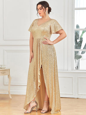 Custom Size Shiny Sequin High Slit V-Neck Short Sleeve Evening Dress