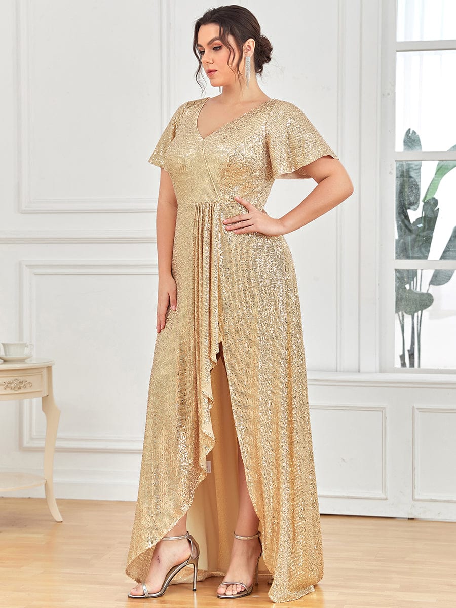 Custom Size Shiny Sequin High Slit V-Neck Short Sleeve Evening Dress #Color_Dark Green Custom Size Shiny Sequin High Slit V-Neck Short Sleeve Evening Dress