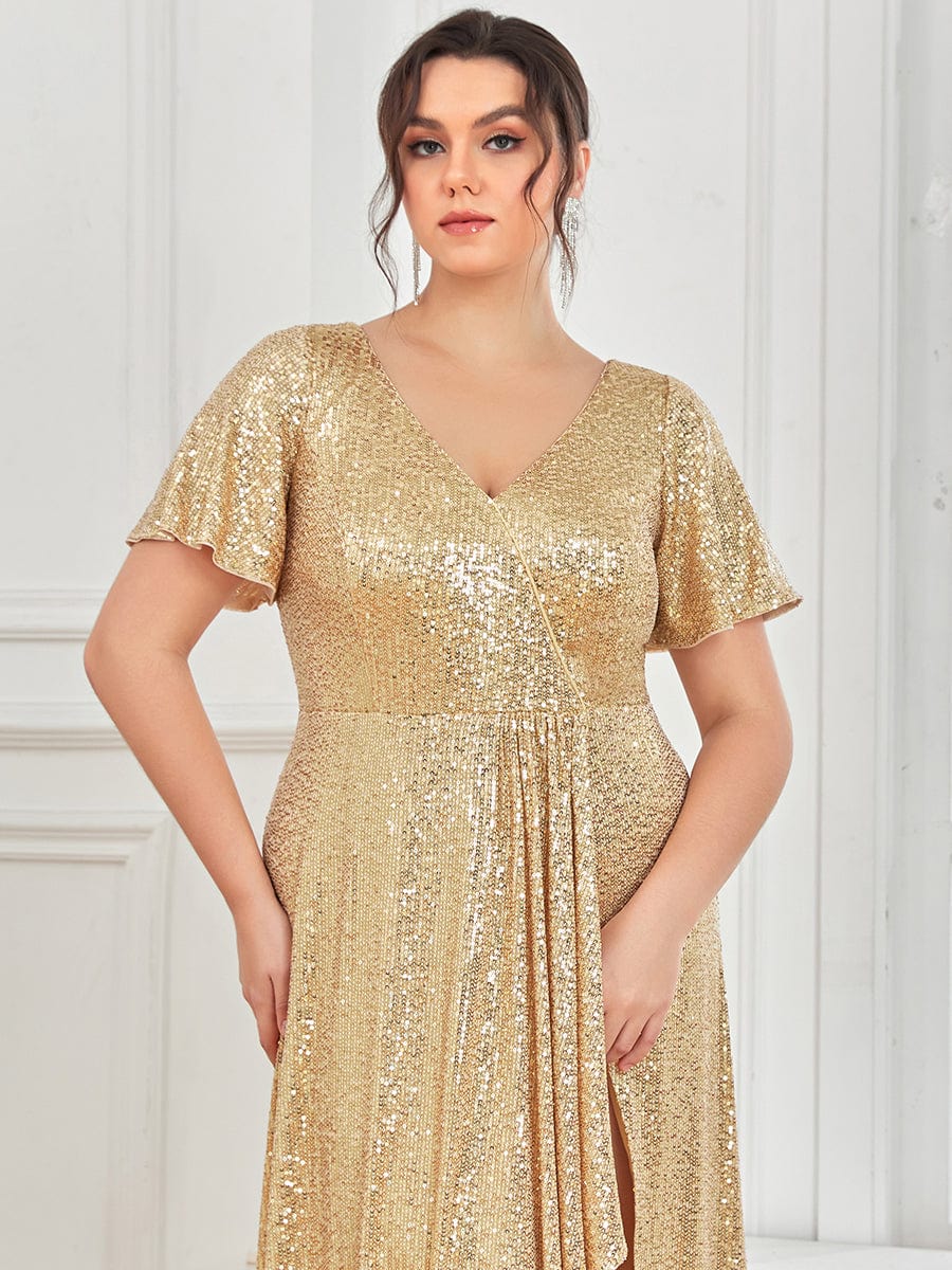 Plus Size Sequin Front Slit V-Neck Short Sleeve Evening Dress #Color_Burgundy Plus Size Sequin Front Slit V-Neck Short Sleeve Evening Dress