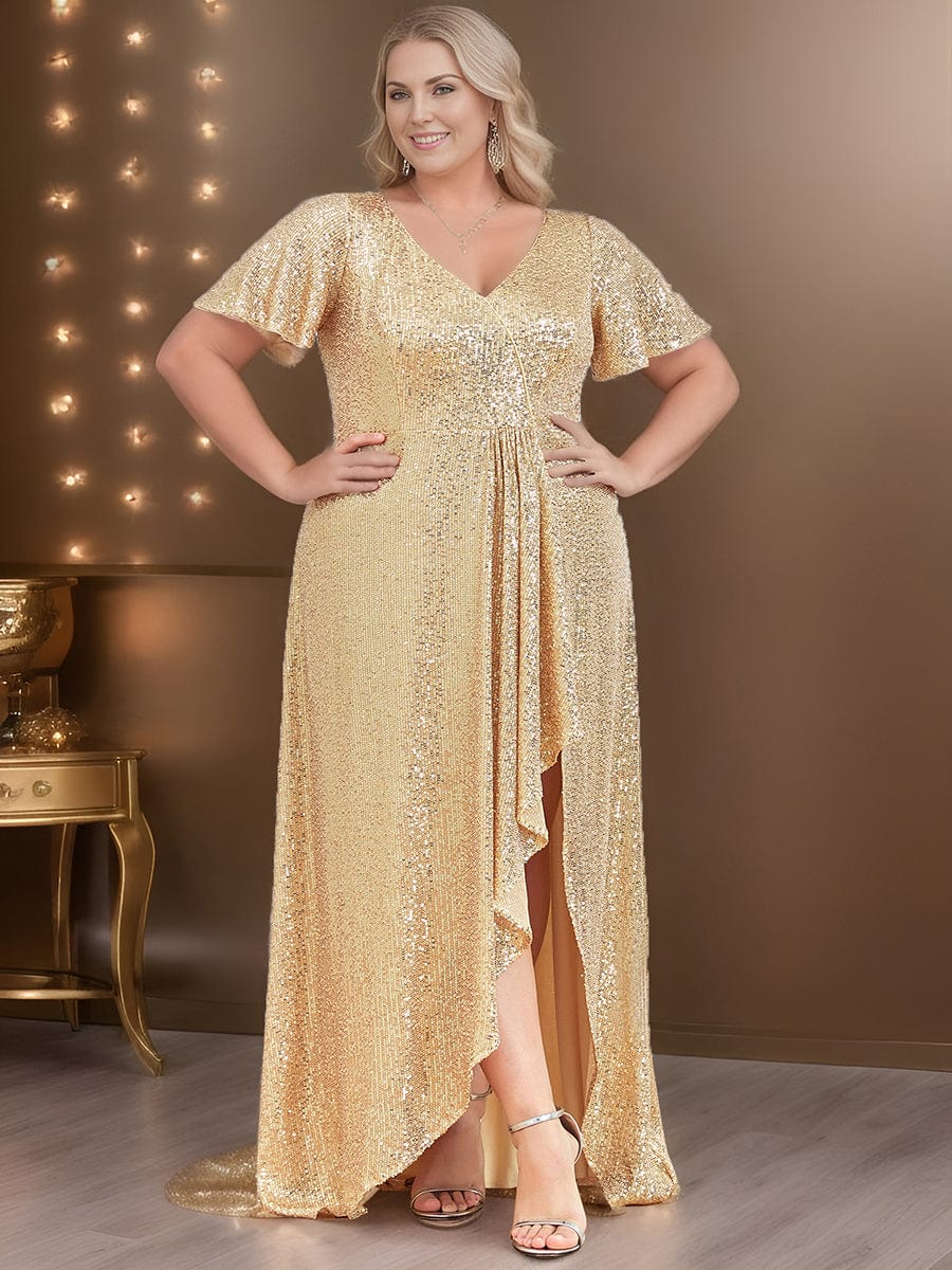 Plus Size Sequin Front Slit V-Neck Short Sleeve Evening Dress #Color_Burgundy Plus Size Sequin Front Slit V-Neck Short Sleeve Evening Dress