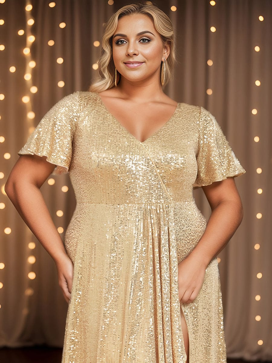 Plus Size Sequin Front Slit V-Neck Short Sleeve Evening Dress #Color_Burgundy Plus Size Sequin Front Slit V-Neck Short Sleeve Evening Dress