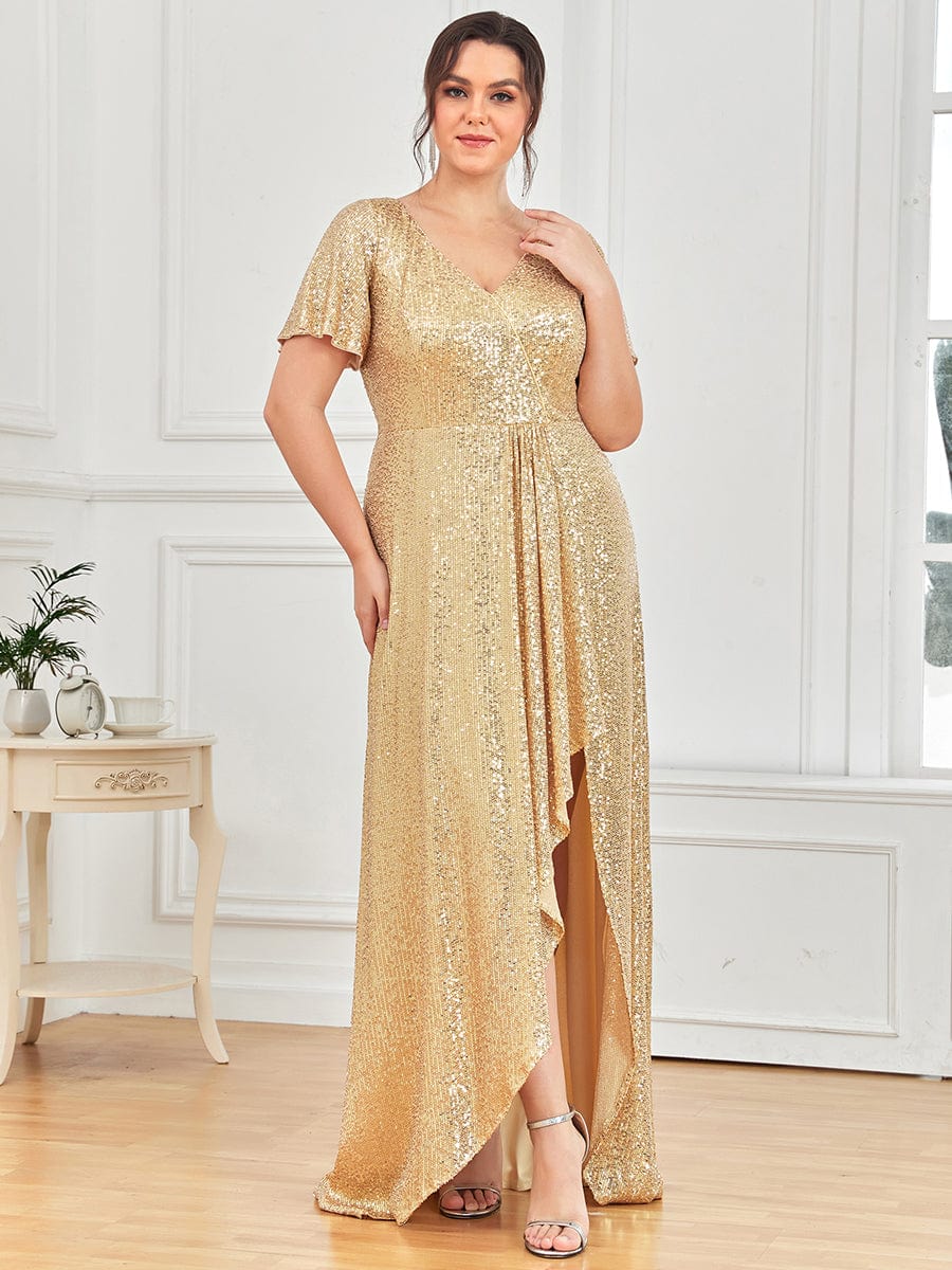 Custom Size Shiny Sequin High Slit V-Neck Short Sleeve Evening Dress #Color_Dark Green Custom Size Shiny Sequin High Slit V-Neck Short Sleeve Evening Dress