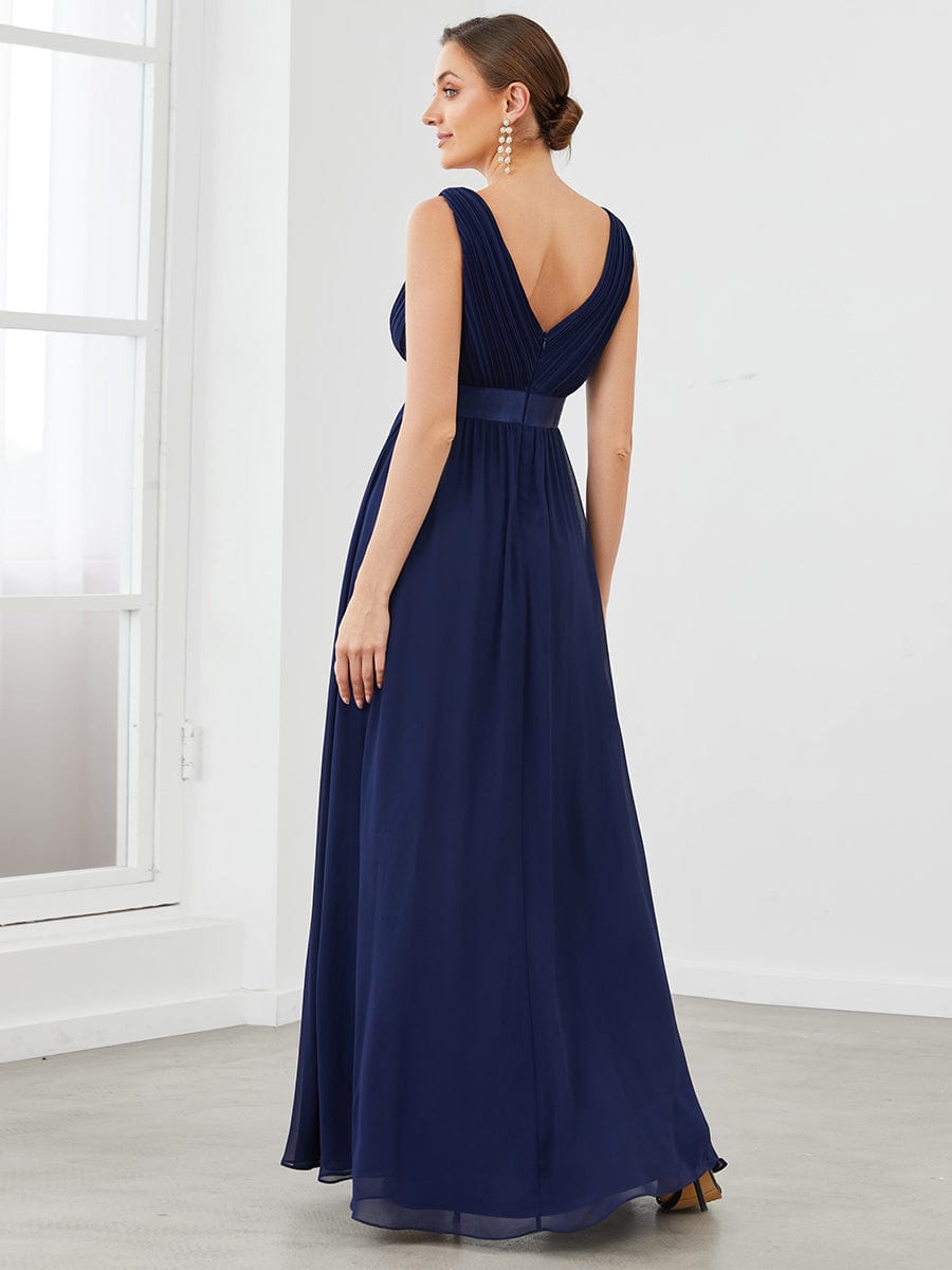 Sleeveless Satin Waist Chiffon A-Line Evening Dress #color_Navy Blue Sleeveless Satin Waist Chiffon A-Line Evening Dress