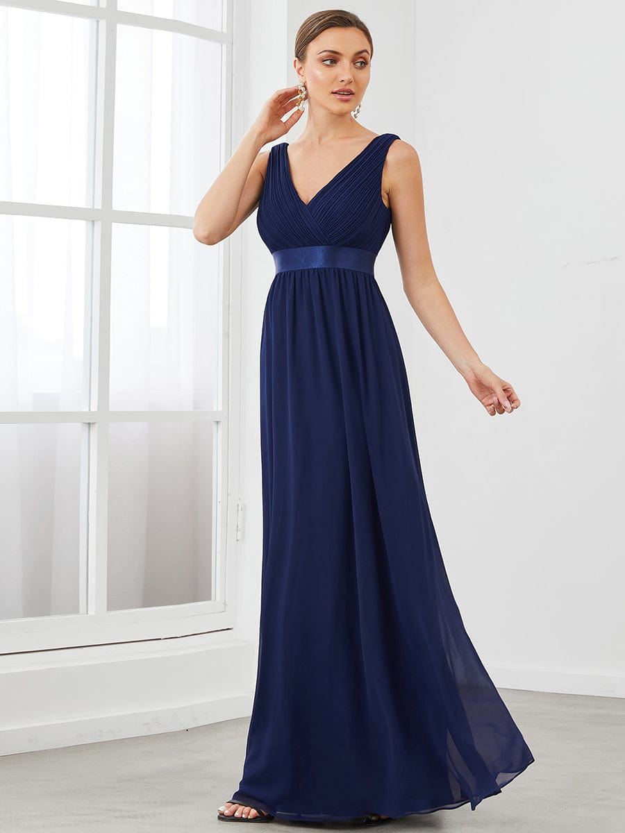 Sleeveless Satin Waist Chiffon A-Line Evening Dress #color_Navy Blue Sleeveless Satin Waist Chiffon A-Line Evening Dress