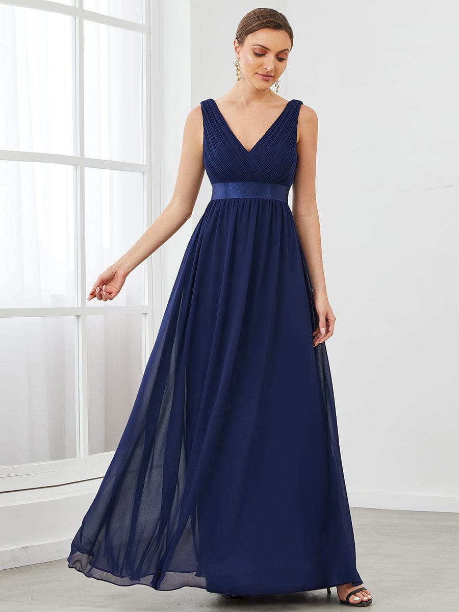 Sleeveless Satin Waist Chiffon A-Line Evening Dress #color_Navy Blue Sleeveless Satin Waist Chiffon A-Line Evening Dress