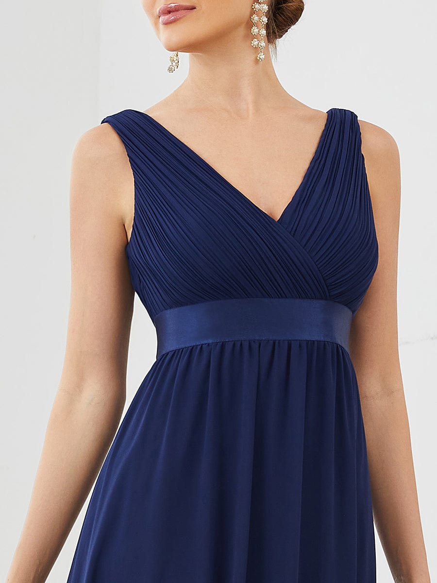 Sleeveless Satin Waist Chiffon A-Line Evening Dress #color_Navy Blue Sleeveless Satin Waist Chiffon A-Line Evening Dress