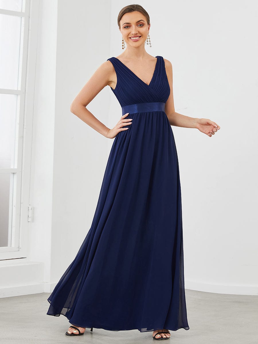 Sleeveless Satin Waist Chiffon A-Line Evening Dress #color_Navy Blue Sleeveless Satin Waist Chiffon A-Line Evening Dress