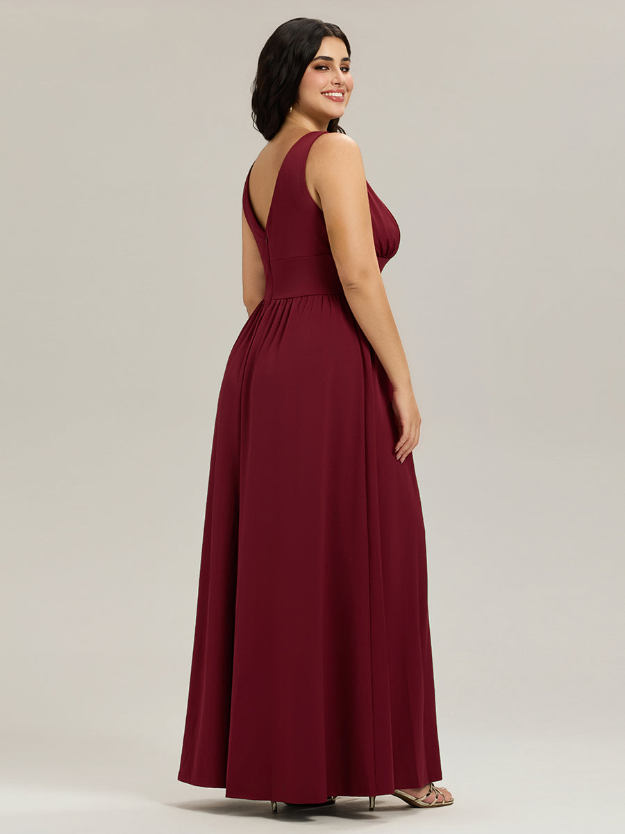 Sleeveless V-Neck Empire Waist High Slit Floor-Length Evening Dress #color_Burgundy