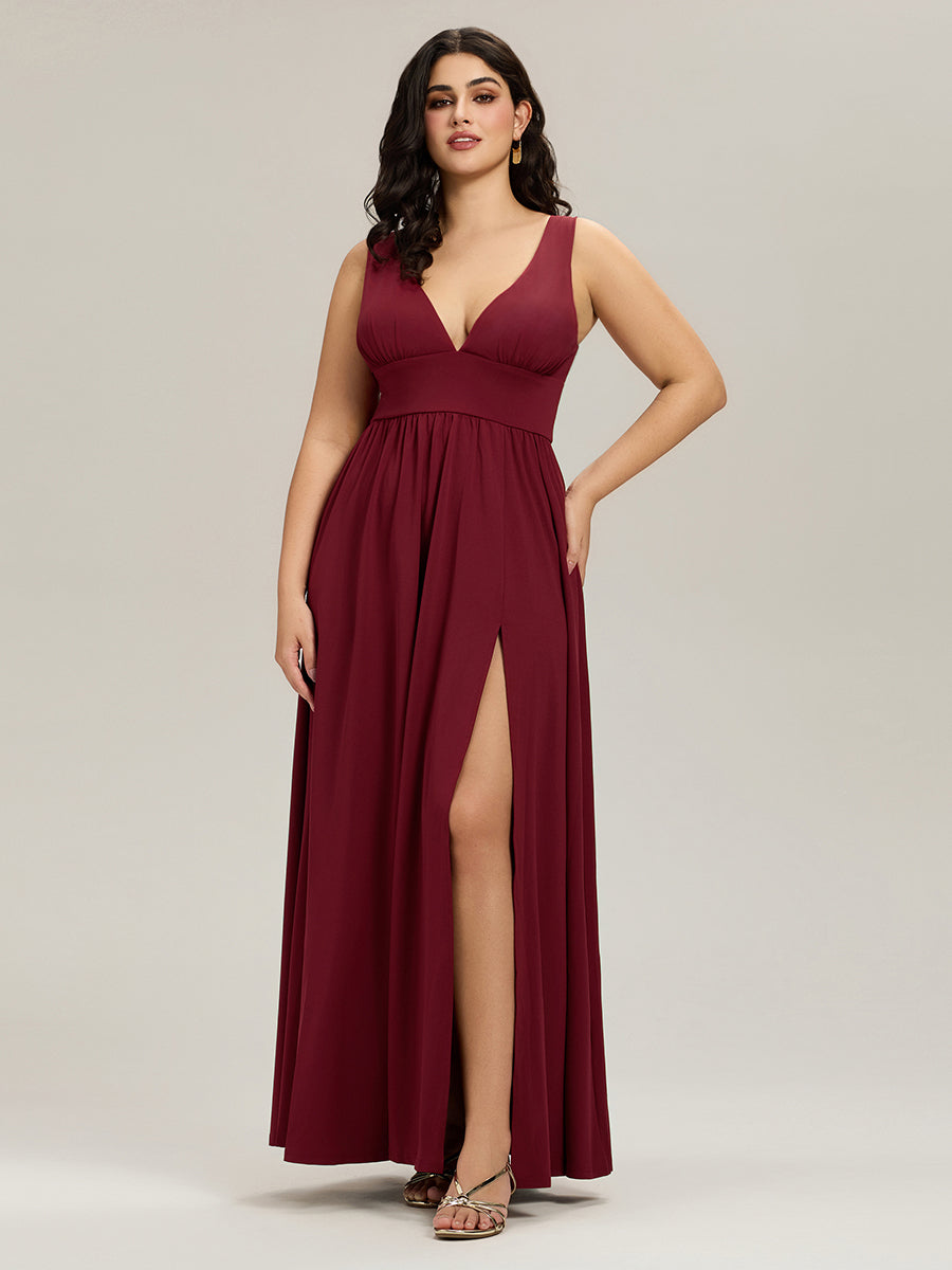 Plus Size Sleeveless V-Neck Empire Waist High Slit Floor-Length Evening Dress #color_Burgundy